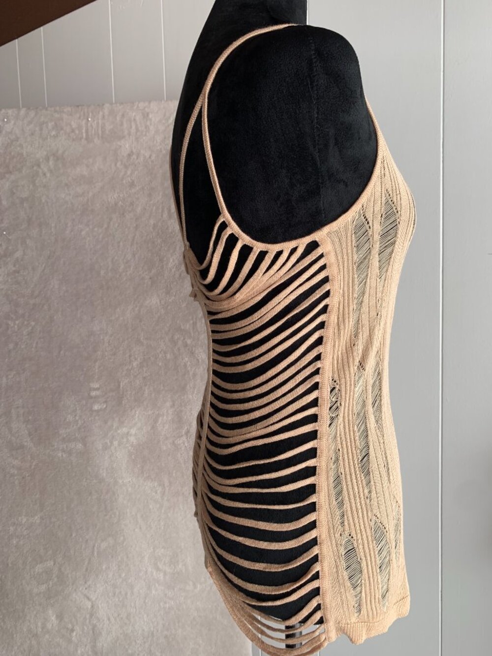 Phanuel Beige Strappy Open Knit Cutout Tank Top Stretch Boho Festival